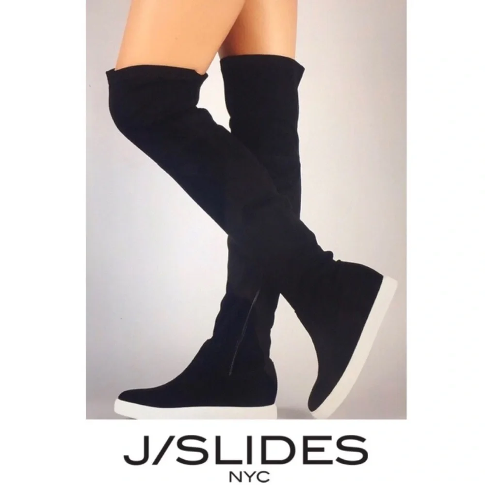 J SLIDES Grey Sneaker Boot Over the Knee Boot Shoe Faux Suede Tall Platform 7.5‎